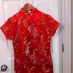 Oriental Themed Short Sleeve Red Dress With Dragon Print